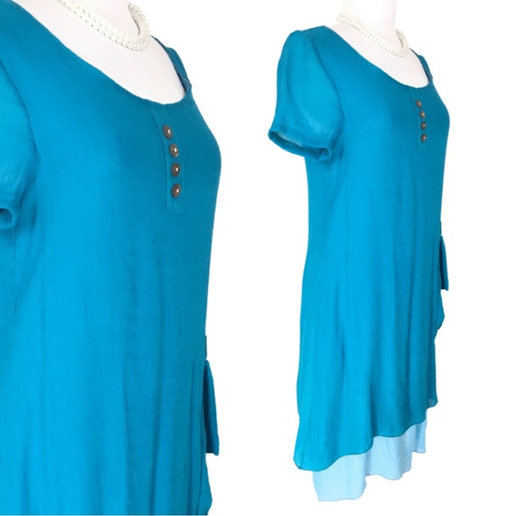 Miss Nikky Aqua Blue Short Sleeve Scooped Neck Layered Shift Dress size Medium - Picture 3 of 15